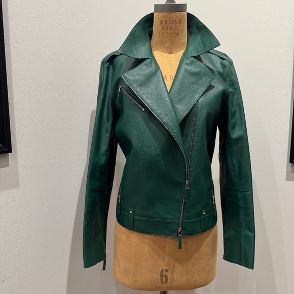 $1795 Lafayette 148 Elm Green Leather Moto Bernice Jacket Size Medium NWT - Picture 5 of 9